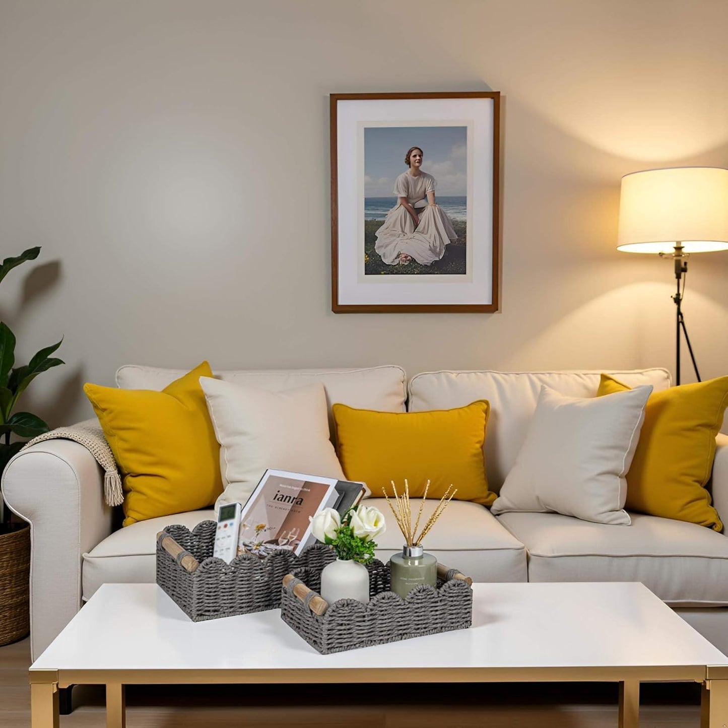 CubesLand Scalloped Edge Toilet Paper Storage Basket, Living Room Home Cozy Decor Basket, Paper Rope Small Baskets for Over Toilet Storage Shelf, End Table, Shelves, with 2 Wooden Handles, Grey