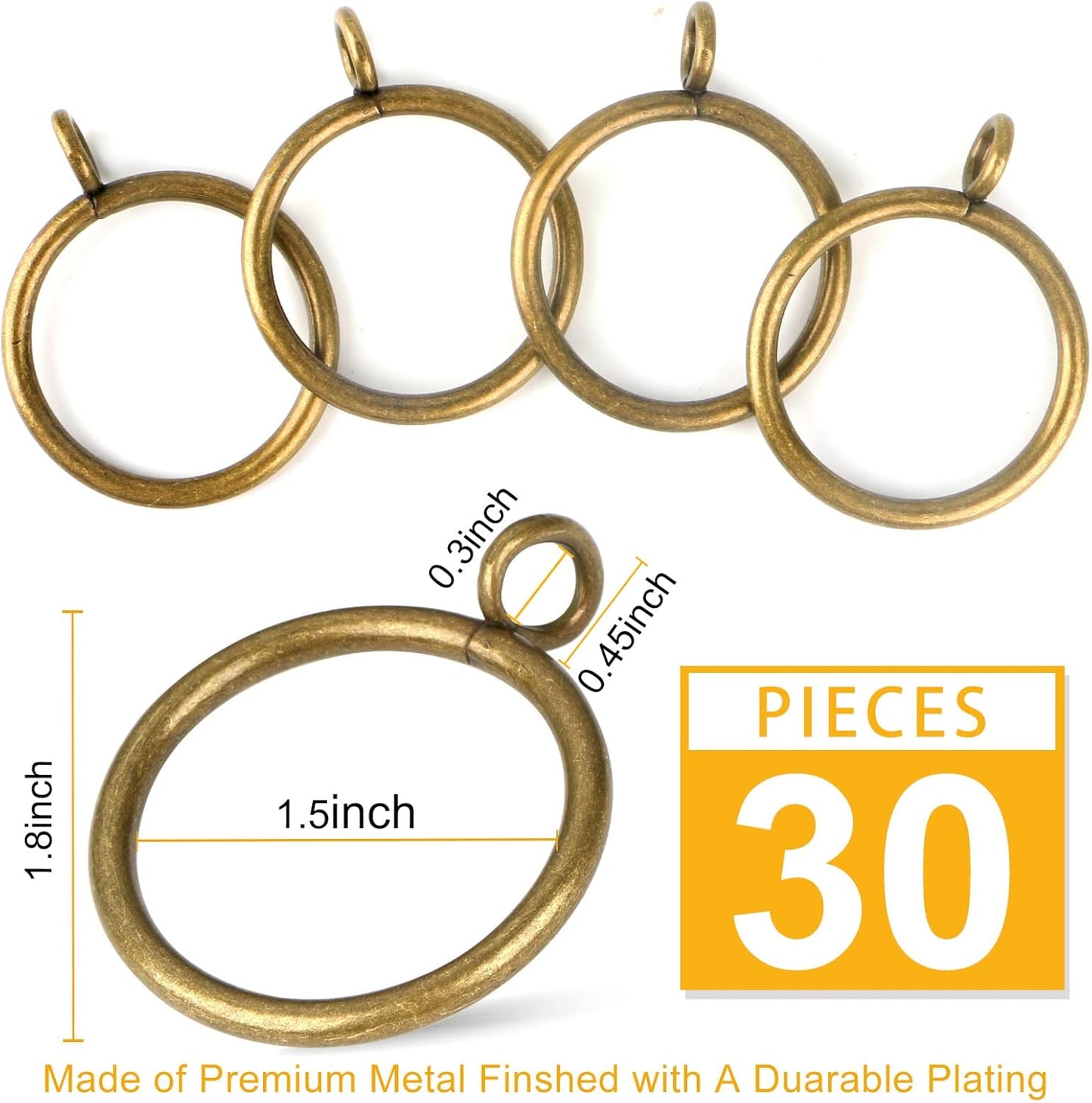 Antique Brass Curtain Rings with Eyelets for Up to 1.2-inch Curtain Rods (Set of 30 PCS Curtain Rings)
