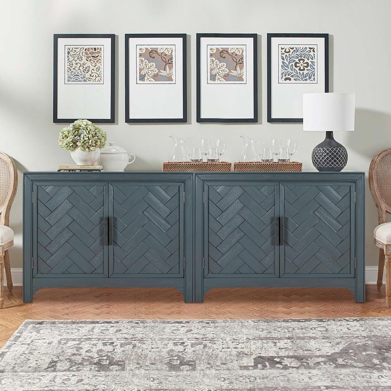 HMFULE 40" Sideboard Cabinet 2-Doors Solid Wood, Retro Buffet Cabinet with Storage Adjustable Shelf, Console Table Accent for Hallway, Living Room, Dining Room, Kitchen, Entry Way (Antique Blue)