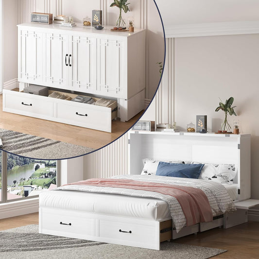ijuicy Cube Murphy Bed Queen, Murphy Chest Cabinet Bed with 3 Level Foldable Memory Foam Mattress & 2 Large Drawers & Charging Station for Guests Room/Bedroom(White)