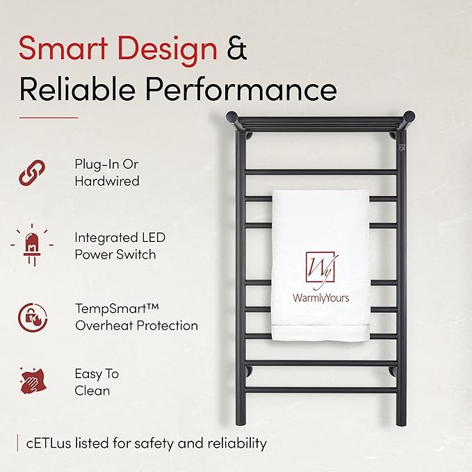 WarmlyYours Black Towel Warmers for Bathroom - Wall Mounted Black Heated Towel Rack with Shelf, 11 Bars Stainless Steel, 20x36 in. Electric Heating and Drying Rack, 120V Plug-in or Hardwired (Summit)
