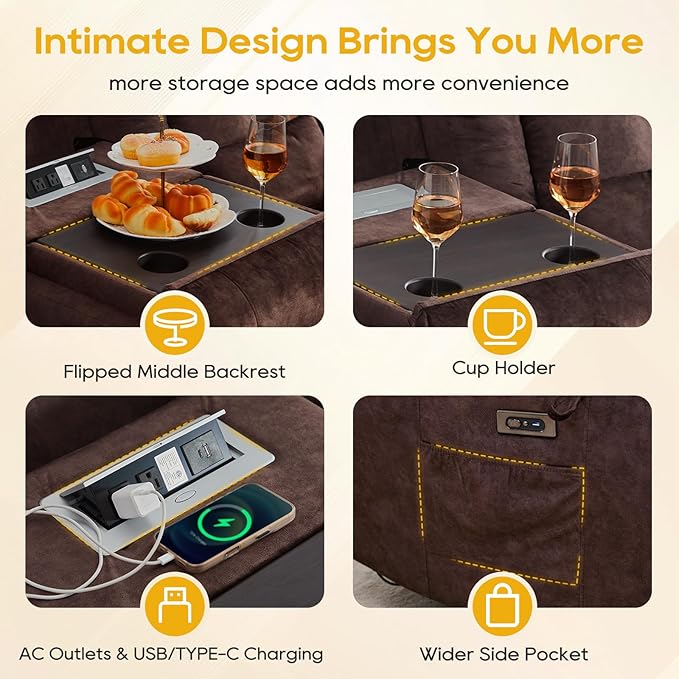 IPKIG 76" Power Reclining Sofa, Electric Home Theater Seating with Flipped Middle Backrest/LED Lighting/USB Ports/Built-in Outlets, Dual Recliner Sofa 3 Seater for Living Room RV (Brown)