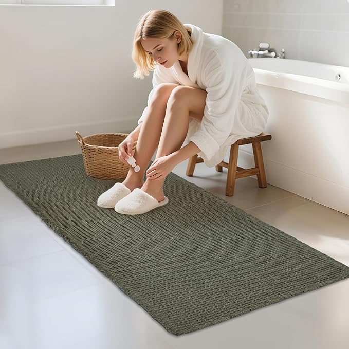 ZALL Waffle Bath Mat,Super Absorbent Non Slip Bathroom Rug,Dark Green 24x48inch,Machine Washable Ultra Soft Floor Mats