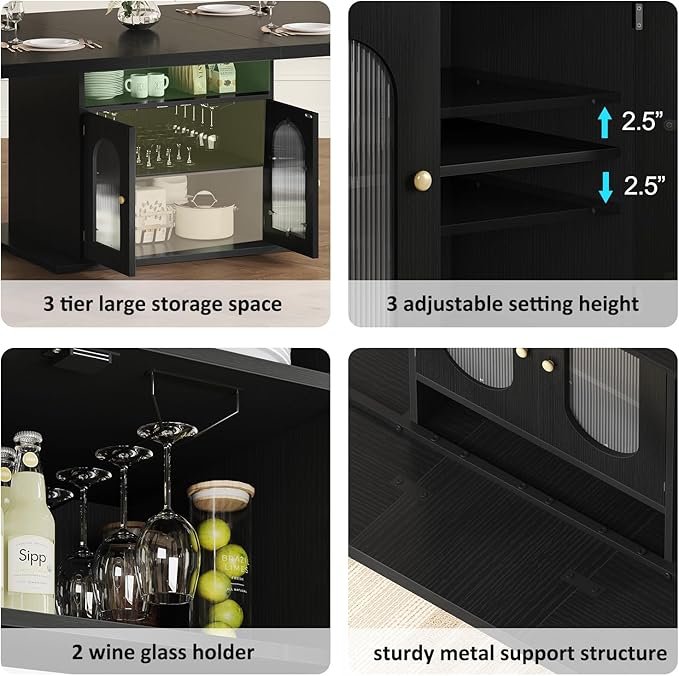 HSH Black Dining Table for 4 to 6, Modern Kitchen Dining Room Table with 3-Tier Storage Shelf and Acrylic Door Cabinet, Rectangular Wooden Dinner Tables for Home Kitchen Living Room, Black Oak，63 in