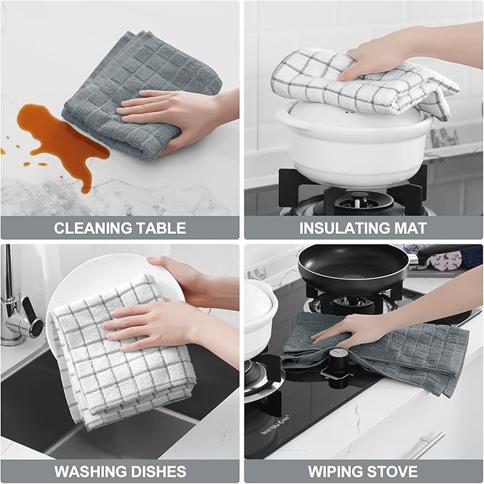 Homaxy Premium Cotton Kitchen Towels 16"x 28", Large Natural Ring Spun 390 GSM Dish Towels, Super Absorbent Terry Kitchen Hand Towels, Soft Tea Towel with Hanging Loop, Grey Check Design, 8 Pack