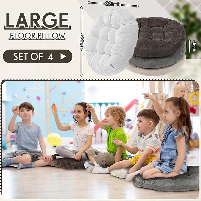 Jerify 4 Pcs Floor Pillow Cushions 22 x 22 Inch Round Square Large Meditation Floor Pillow for Classroom Adult Meditation Picnic Party Cushion for Seating Gift Christmas(Graded Grey,Round)