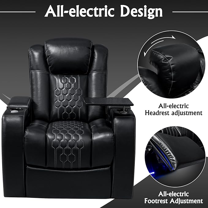 Home Theater Seating, Living Room, Powered Headrest, Powered Lumbar, Italian Leather, Powered Recline, Single Recliner (Black, Row of 1)