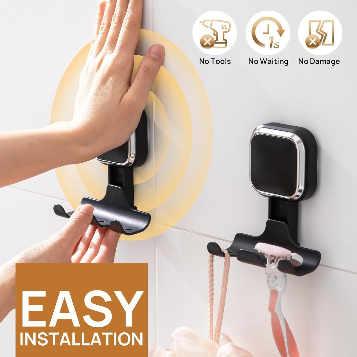 LEVERLOC Vacuum Suction Cup Razor Holder for Shower 2 Pack, Heavy Duty Shower Hooks for Towel, Loofah, Razor, Cell Phone, Damage-Free Hanging Plated Suction Cup Hooks, Easy to Install and Reuse, Black