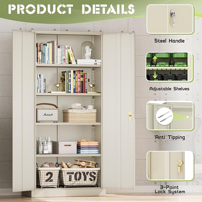 SUNCROWN 72" Metal Storage Cabinet - Heavy-Duty Metal Garage Cabinet with 4 Adjustable Shelves & 2 Doors for Tools, Office, Home, Workshop,Warm Grey