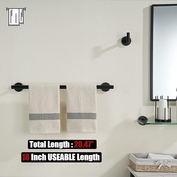 JQK Black Towel Bar, 20.5 Inch 304 Stainless Steel Thicken 0.8mm Towel Rack Bathroom, Towel Holder Matte Black Wall Mount, Useable Length 18 Inch 2 Pack, TB110L18-PB-P2