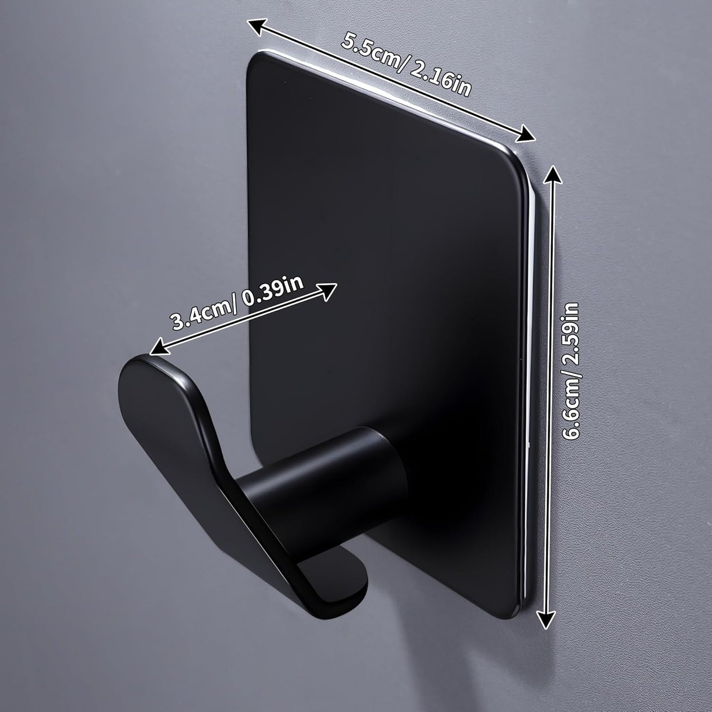 DELITON 4 Pack Adhesive Hooks - Towel Hook for Hanging Towels, Clothes and Bags, Matte Black Stainless Steel, Stick on Wall for Bathroom and Kitchen