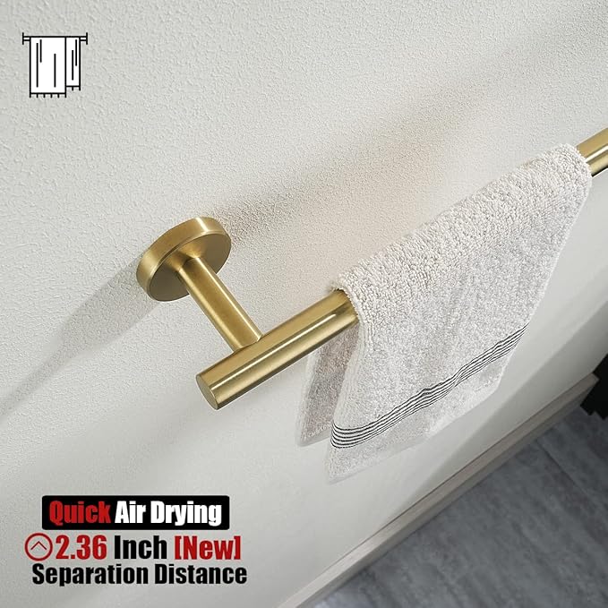 JQK Towel Bar Brushed Gold, 20.5 Inch 304 Stainless Steel Thicken 0.8mm Towel Rack Bathroom, Towel Holder Wall Mount, Useable Length 18 Inch 2 Pack, TB110L18-BG-P2
