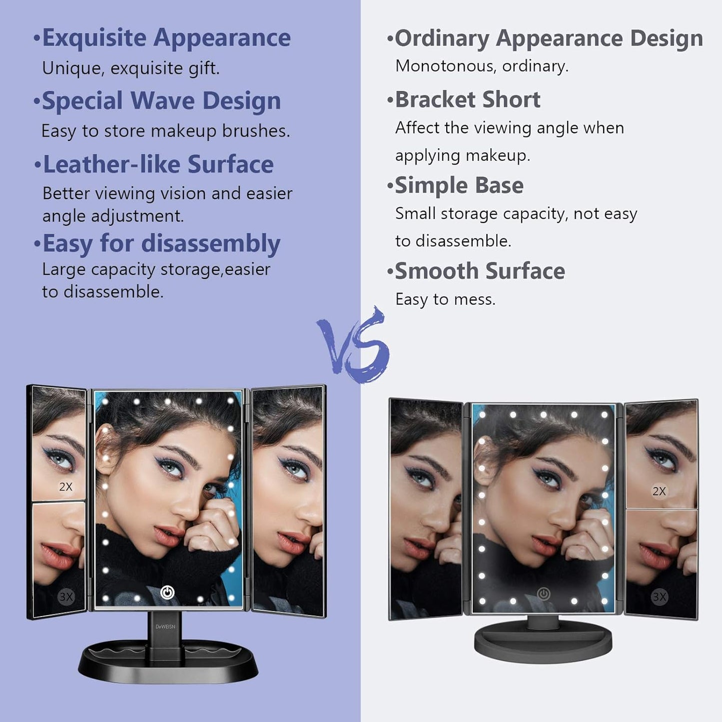 deweisn Trifold Lighted Vanity Makeup Mirror with 21 LEDs Lights,1x/2x/3x Magnification and Touch Screen Dimming,Two Power Supplies Makeup Mirror, Gift for Women