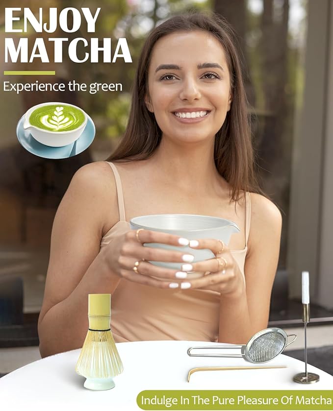 Matcha Whisk Set with Matcha Bowl, Matcha Whisk Holder Matcha Bamboo Whisk, Scoop, Sifter, Unique Gifts for Women Men Girl Friend Home Kitchen Decor（white）