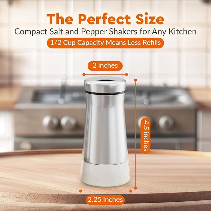 HOME EC Original Glass Salt shaker or Pepper Shaker with Adjustable Pour Holes - Stainless Steel Encased - For salts, ground peppercorns and spices - Great For Farmhouse or RV Camping