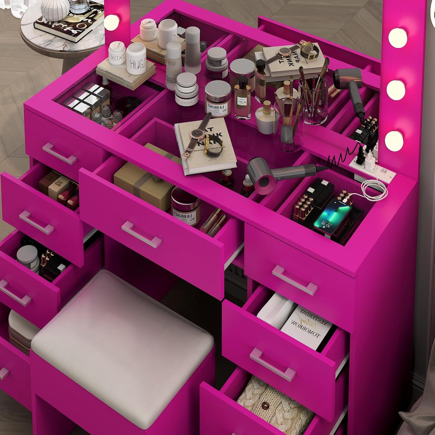Karl home Vanity Desk with Large Lighted Mirror & Powre Outlet, Glass Tabletop Makeup Vanity Set with 9 Drawers, 45.3" Vanity Table with 3 Color Lighting Modes, Dressing Table for Women Girls, Pink