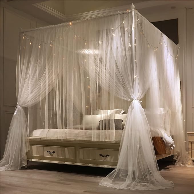 VETHIN 4 Corners Post Princess Bed Canopy Curtain Double Layer Cozy Drape Netting 4 Opening Mosquito Net for Girls & Adults Bedroom Decoration Accessories (Double White, 64" W*82" L*82"*H/(Queen))
