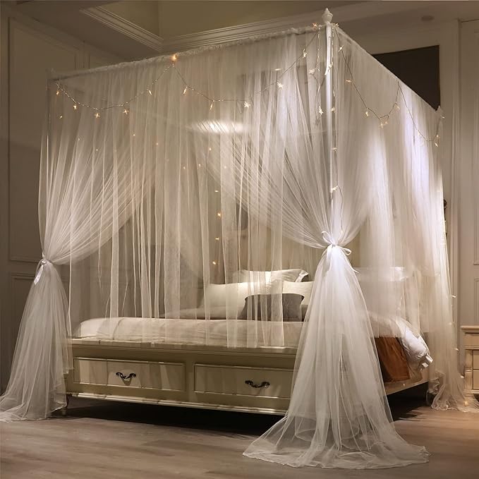 VETHIN 4 Corners Post Princess Bed Canopy Curtain Double Layer Cozy Drape Netting 4 Opening Mosquito Net for Girls & Adults Bedroom Decoration Accessories (Double White, 59" W*82" L*82"*H/(Queen))
