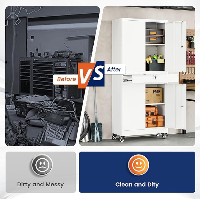 Yizosh Metal Garage Storage Cabinet with Locking Doors and Adjustable Shelves, 73" Rolling Tool Storage Cabinet with 4 Wheels and 1 Drawer for Garage,Warehouse