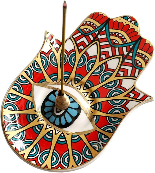 Ceramic Hamsa Hand Incense Holder - 2 in 1 Brass Incense Holder for Sticks and Coil Incense- Zen Decor with Hand of Fatima Design Protection from Evil - 6.2" L X 4.5" W (red)