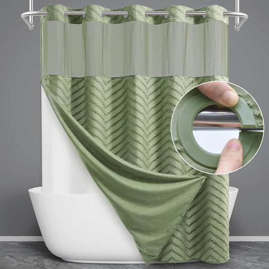 Extra Long No Hook Shower Curtain with Snap in Liner, Tufted Chevron Striped Shower Curtain Set for Bathroom, Boho Waterproof and Washable Shower Curtains,71Wx86H, Sage Green