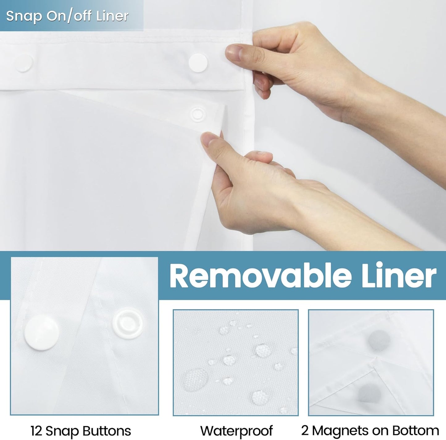 White No Hook Shower Curtain with Snap in Liner,230GSM Waffle Weave Shower Curtains for Bathroom,71W x 74H