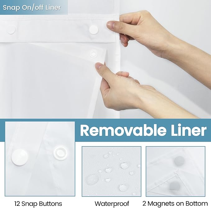 White Long No Hook Shower Curtain with Snap in Liner,230GSM Waffle Weave Shower Curtains for Bathroom,71W x 86H