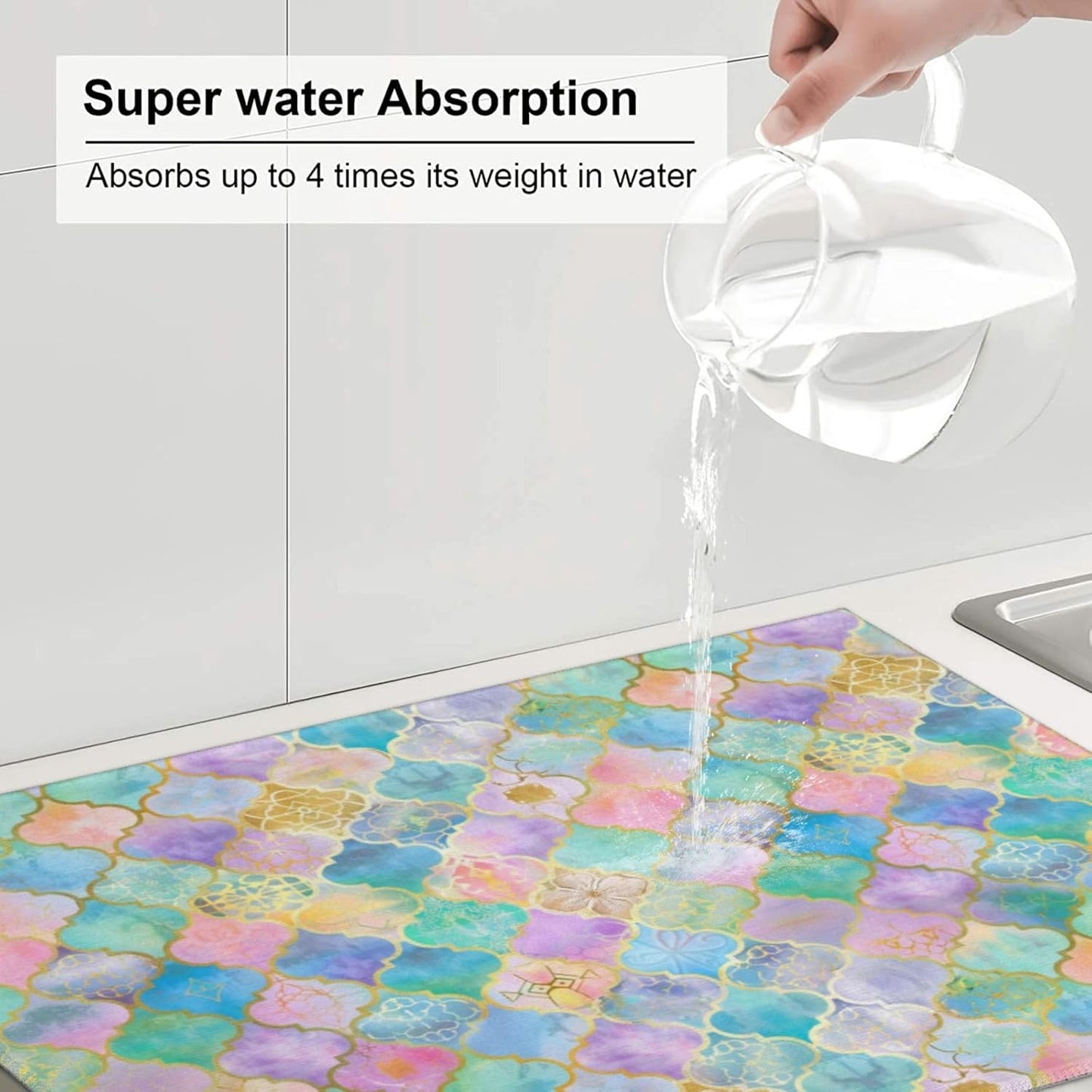 Absorbent Dish Drying Mat For Kitchen Counter, Rainbow Morocco Microfiber Dish Drying Pad 18x24 Inch, Kitchen Gadgets For Easy Clean Multi-Use