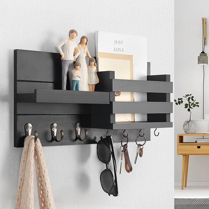 Mail Organizer for Wall Mount – Key Holder with Shelf Includes Letter Holder and Hooks for Coats, Dog Leashes – Rustic Wood with Flush Mounting Hardware (16.5” x 8.7” x 3.5”)