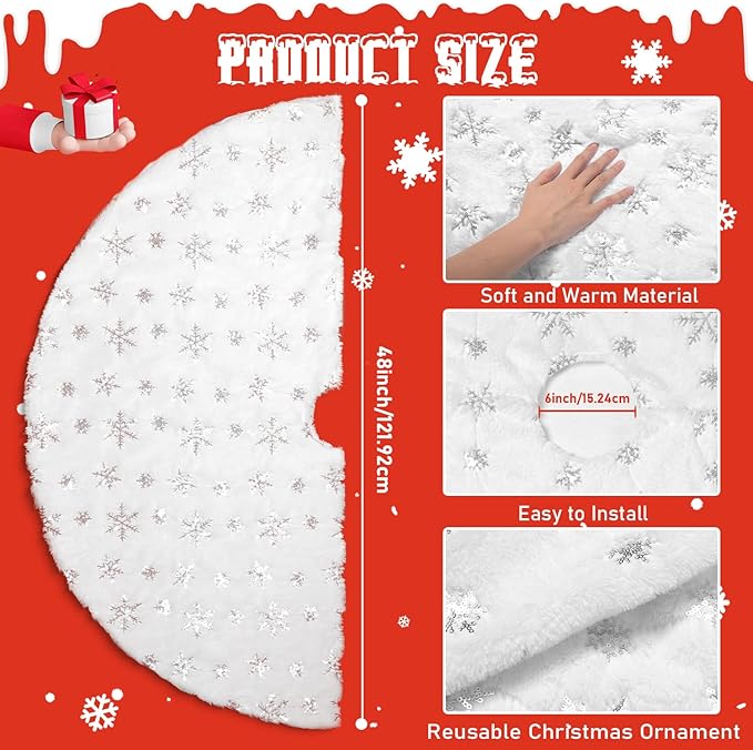 Hommtina Christmas Tree Skirt 48 Inches White Tree Skirt,Christmas Tree Decorations Faux Fur Tree Skirt for Xmas Holiday Home Party Decorations Ornaments(Snowflake)