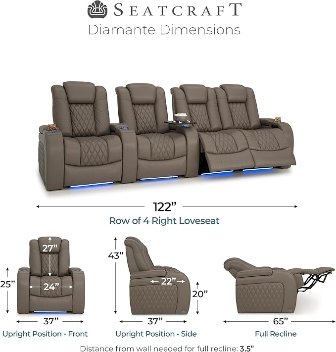 Seatcraft Diamante Zero-Gravity CoolZero Italian Leather Home Theater Seating, Power Headrest, Power Recline, Row of 4 Right Loveseat, Gray