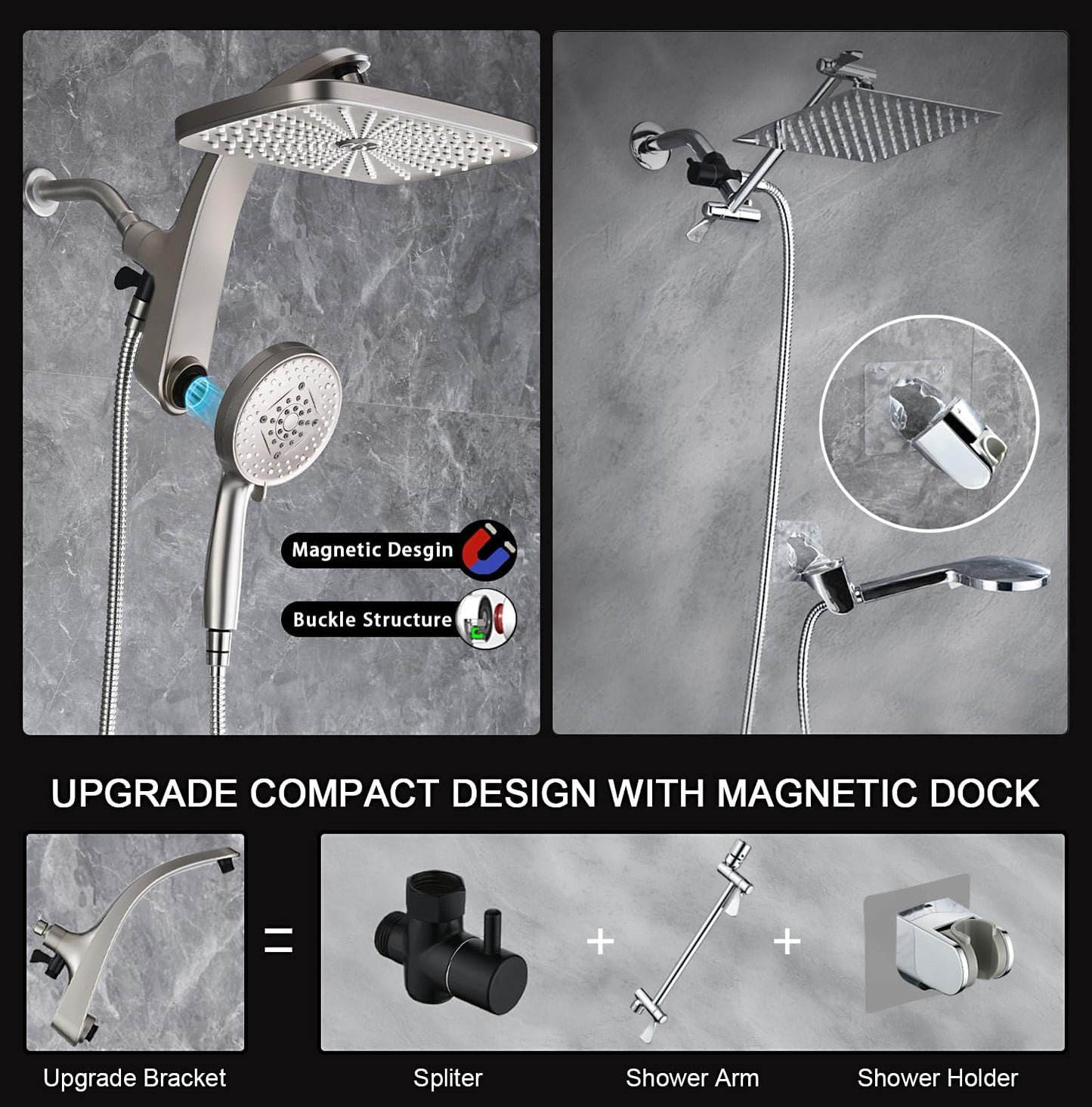 High Pressure Rain Shower Head: Upgrade Shower Heads with Handheld Spray Combo with Fixed Showerhead and 10 Sprays Handheld Shower Head, Detachable Showerheads Built-in Magnetic Docking and Power Jets