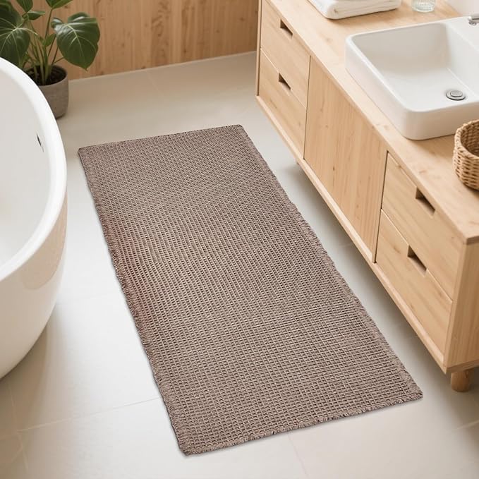 ZALL Tan Waffle Bath Mat,Super Absorbent Non Slip Bathroom Rug,Brown 24x48inch,Machine Washable Ultra Soft Floor Mats
