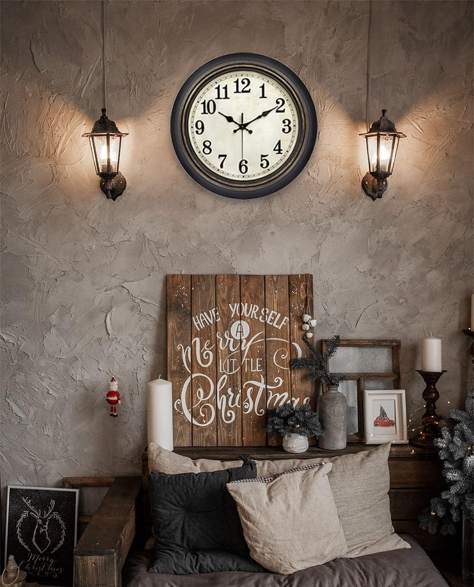 45MinST 14 Inches Retro Wall Clock, Silent Non Ticking Battery Operated Movement, Home/Wall Decor, Easy to Read, Decorate Bedroom/Living Room/Office with Arabic/Roman(Arabic)