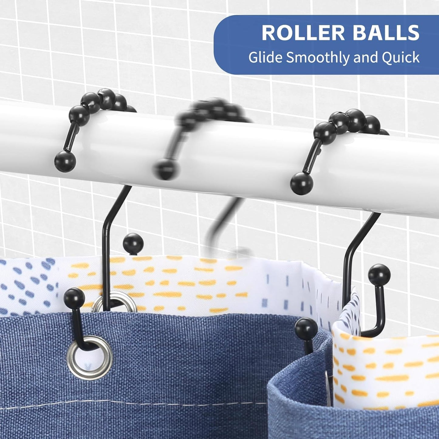 Shower Curtain Hooks, 12Pcs Shower Curtain Rings Rust Proof, Stepped Double Hook Shower Curtain Hooks, Easy Glide Metal Shower Hooks for Shower Curtain Bathroom Kitchen Wardrobe, Black