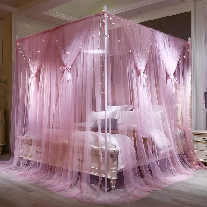 VETHIN 4 Corners Post Princess Bed Canopy Curtain Double Layer Cozy Drape Netting 4 Opening Mosquito Net for Girls & Adults Bedroom Decoration Accessories (Double Pink, 59" W*82" L*82"*H/(Queen))