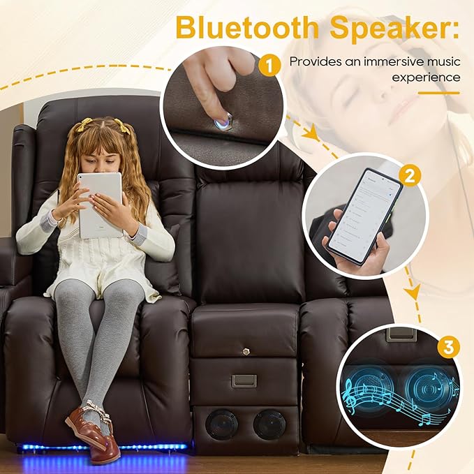IPKIG 89" Power Reclining Loveseat Sofa, Electric Home Theater Seating with Console/4 Colors Ambient Lighting/Bluetooth Speakers/USB Ports/Built-in Outlets (Brown, 3-Seater with Console)