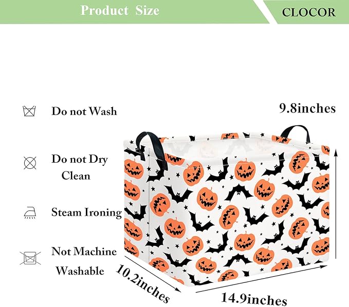 CLOCOR Rectangular Storage Basket Empty, Gift Basket for Halloween, Waterproof Storage Bin with Handles, Room Decor(Bat Pumpkin Halloween)