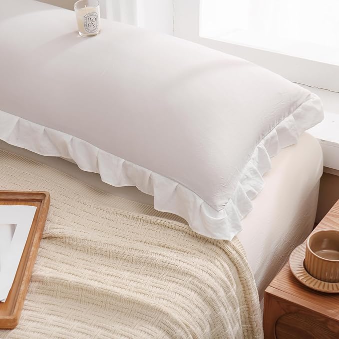 Merryword Beige Pillow Shams Beige and White Reversible Queen Pillowcases Cute Pillow Cover Set of 2 Soft Shabby Chic Ruffled Pillowcases 2 Pack (Queen (20''x30''), Beige White)