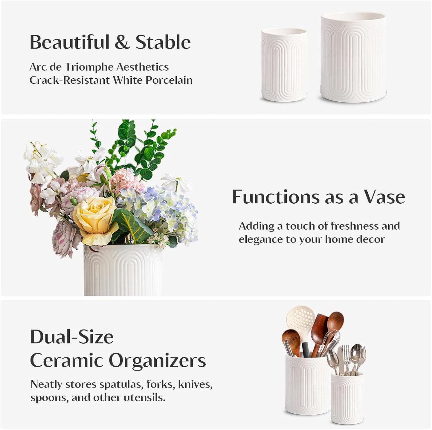 INSETLAN Ceramic Utensil Holder Set – 7.1" & 5.4" Kitchen Utensil Organizers for Countertop, Arch-Design Utensil Crocks for Farmhouse Decor & Kitchen Counter, Perfect Housewarming Gift