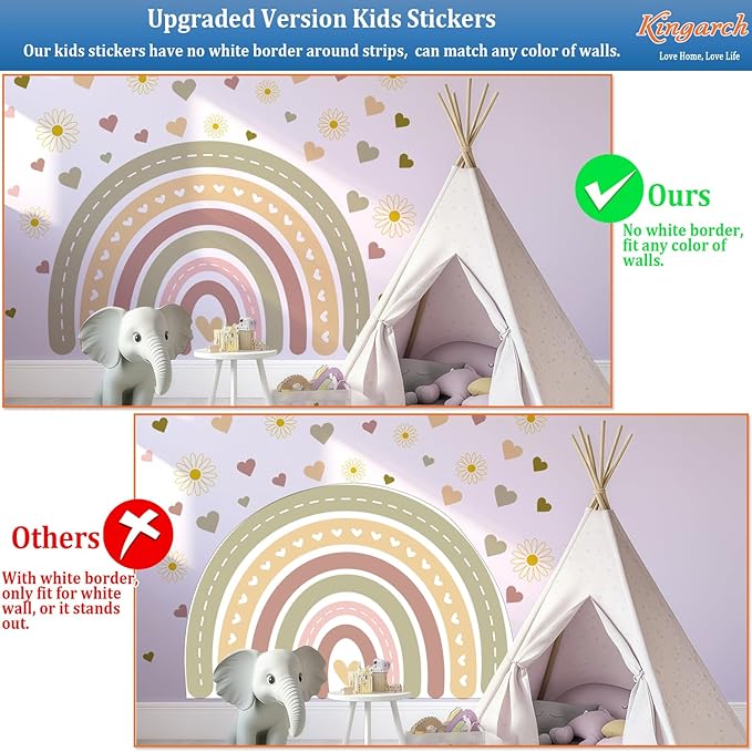 Large Boho Rainbow Wall Decals, Hearts Flowers Peel and Stick Fabric Nursery Wall Decor, Removable Home Room Wall Decor Murals Stickers for Kids Girls Toddler Bedroom Living Room Playroom