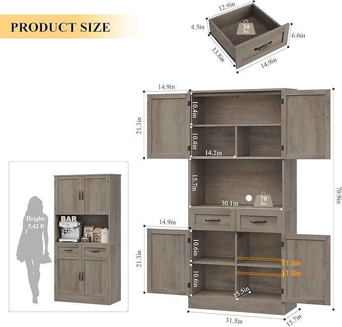 HOSTACK 71“ Tall Kitchen Pantry Storage Cabinet, Modern Kitchen Hutch Bar Cabinet with Microwave Stand, Wood Buffet Sideboard with Hutch, Cupboard with Drawers, Shelves for Dining Room, Ash Gray