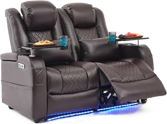 Home Theater Seating Seats, Game Movie Theater Chairs Theater Recliner Sofa with 7 Colors Ambient Lighting, Lumbar Pillow, Side Pocket, Tray Table, Power Recliner