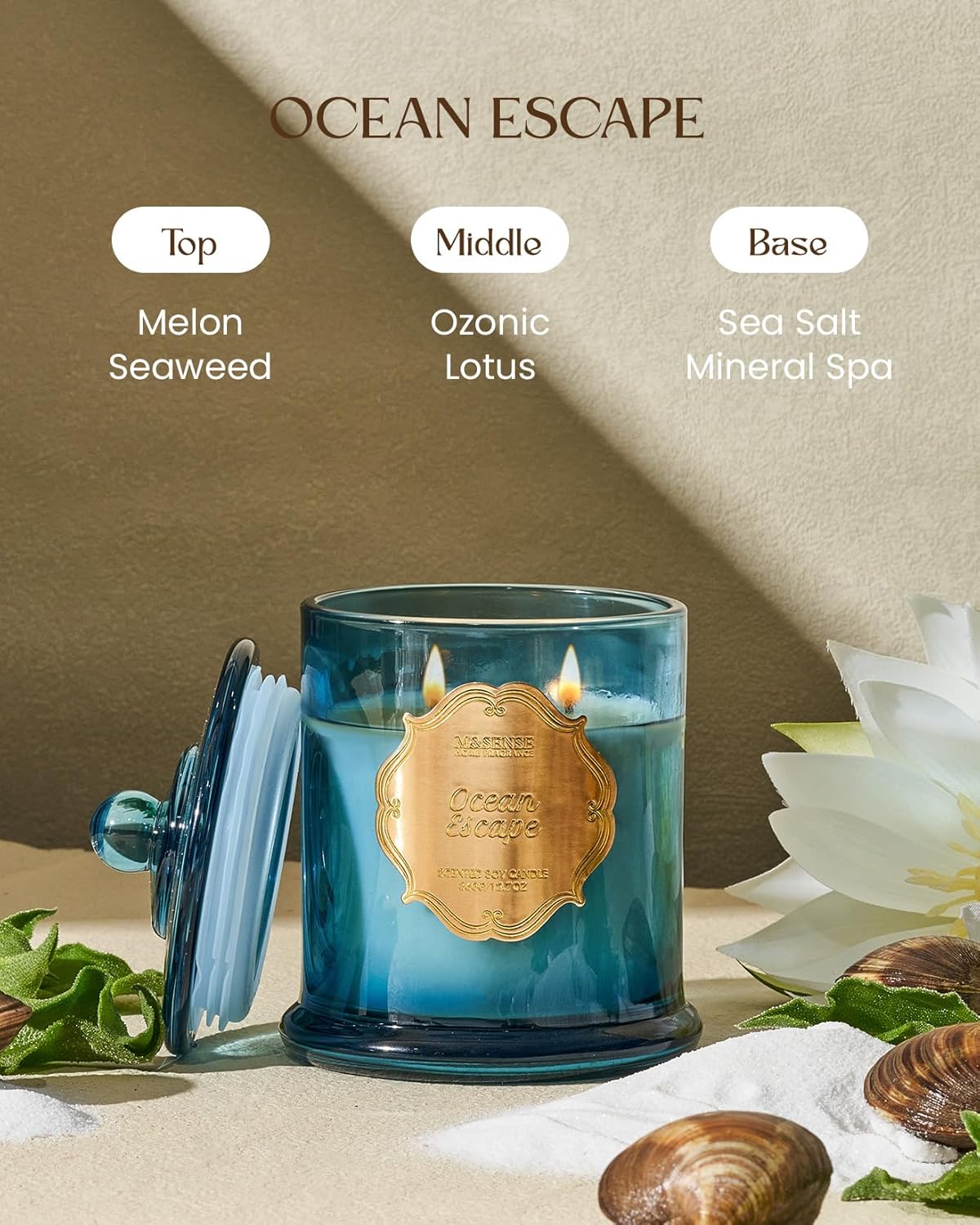 M&SENSE Summer Ocean Scented Candles for Home, Organic Soy Candles Non Toxic, Relaxing Aromatherapy Candles for Bath Spa, 2 Wick 12.7oz Large Candle 75 Hour Long Lasting Slow Burning