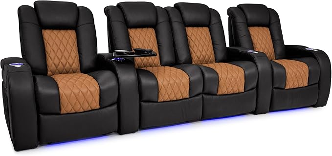 Seatcraft Diamante - Home Theater Seating - Living Room - Power Recline - Italian Leather - Powered Headrests - Cupholders - USB Charging - Ambient Lighting, Black/Tan Oak, Row of 4 Middle Loveseat