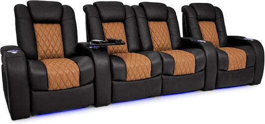 Seatcraft Diamante - Home Theater Seating - Living Room - Power Recline - Italian Leather - Powered Headrests - Cupholders - USB Charging - Ambient Lighting, Black/Tan Oak, Row of 4 Middle Loveseat