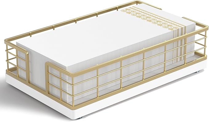 Wican Guest Towel Holder Tray for Bathroom, Oak and Iron Napkins Holder for Powder Room Dinning Table Wooden Basket for Disposable Paper Hand Towels Gold and White