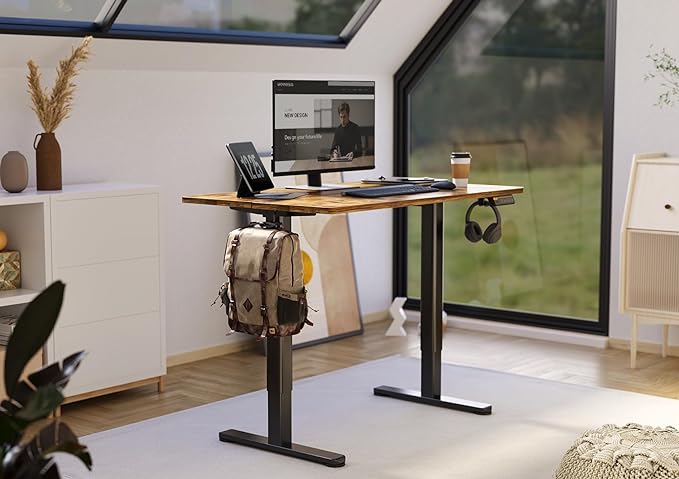 Claiks Electric Standing Desk, Adjustable Height Stand up Desk, 24x48 Inches Sit Stand Home Office Desk with Splice Board, Black Frame/Rustic Brown Top