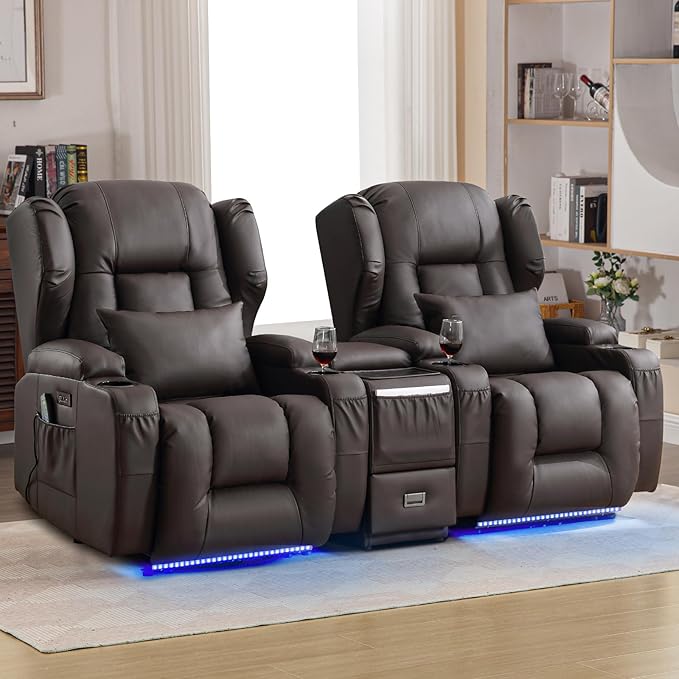 Wall Hugger Power Recliner Chair, Home Theater Seating Electric Recliing Sofa with Massage & Heat, Cup Holder, USB Port, LED Ambient Light, Storage for Living Room (Brown, 2 Chairs + Console)
