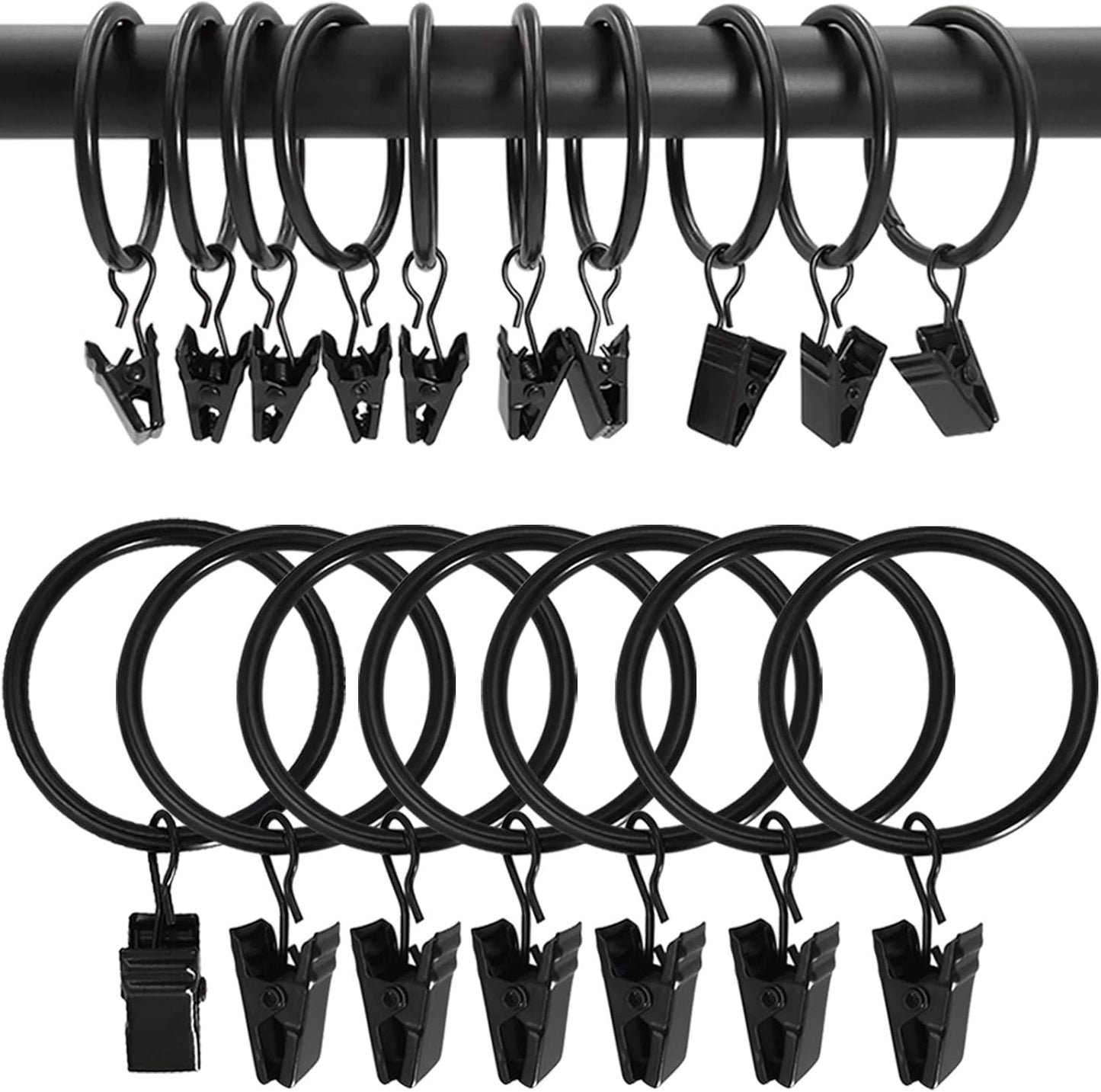 100 Pack Metal Curtain Rings with Clips, Drapery Clips Hooks, Decorative Curtain Rod Clips 1.5 in Interior Diameter, Vintage Black